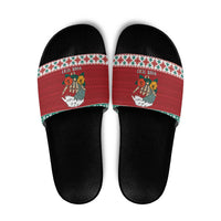 Shaka Sign Skull Mele Kalikimaka Personalized Slide Sandals Hawaiian Quilt Pattern - Polynesian Pride