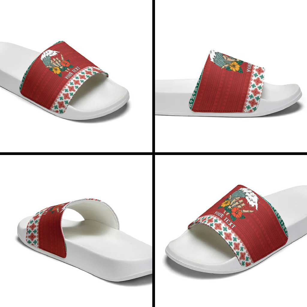 Shaka Sign Skull Mele Kalikimaka Personalized Slide Sandals Hawaiian Quilt Pattern - Polynesian Pride