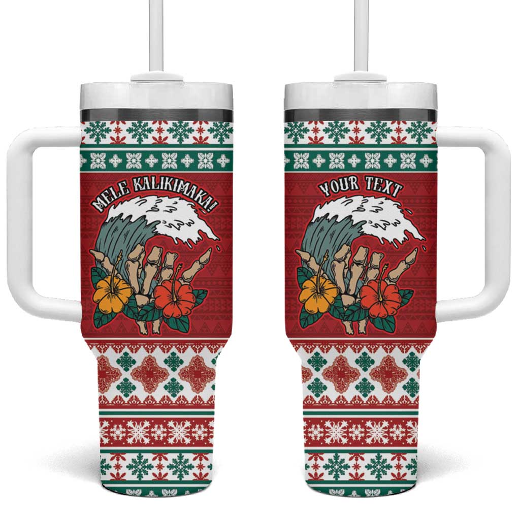 Shaka Sign Skull Mele Kalikimaka Personalized Tumbler With Handle Hawaiian Quilt Pattern - Polynesian Pride