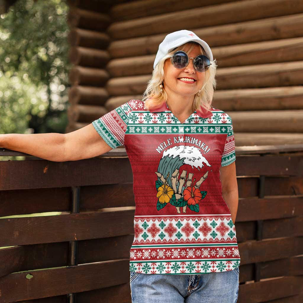 Shaka Sign Skull Mele Kalikimaka Personalized Women Polo Shirt Hawaiian Quilt Pattern - Polynesian Pride