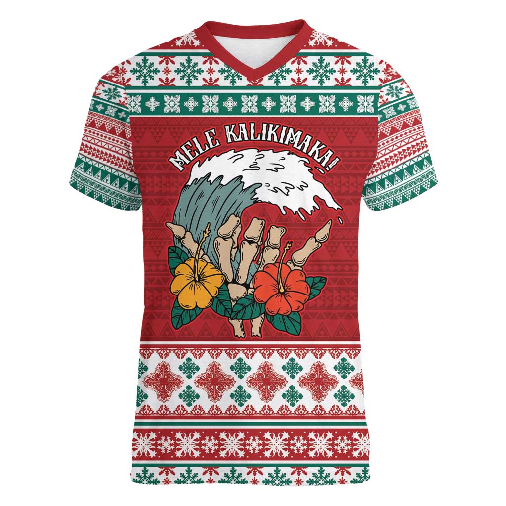 Shaka Sign Skull Mele Kalikimaka Personalized Women V-Neck T-Shirt Hawaiian Quilt Pattern - Polynesian Pride