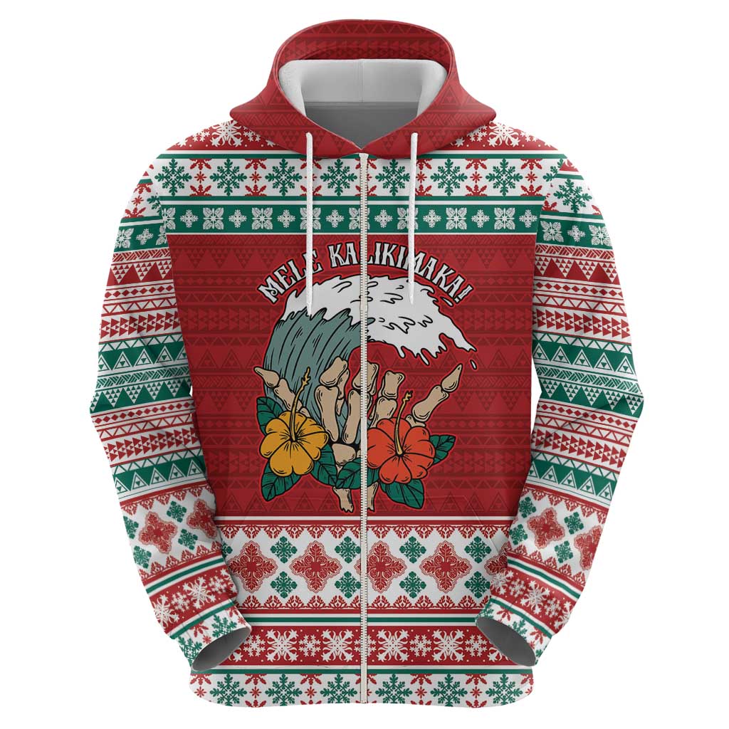 Shaka Sign Skull Mele Kalikimaka Personalized Zip Hoodie Hawaiian Quilt Pattern - Polynesian Pride