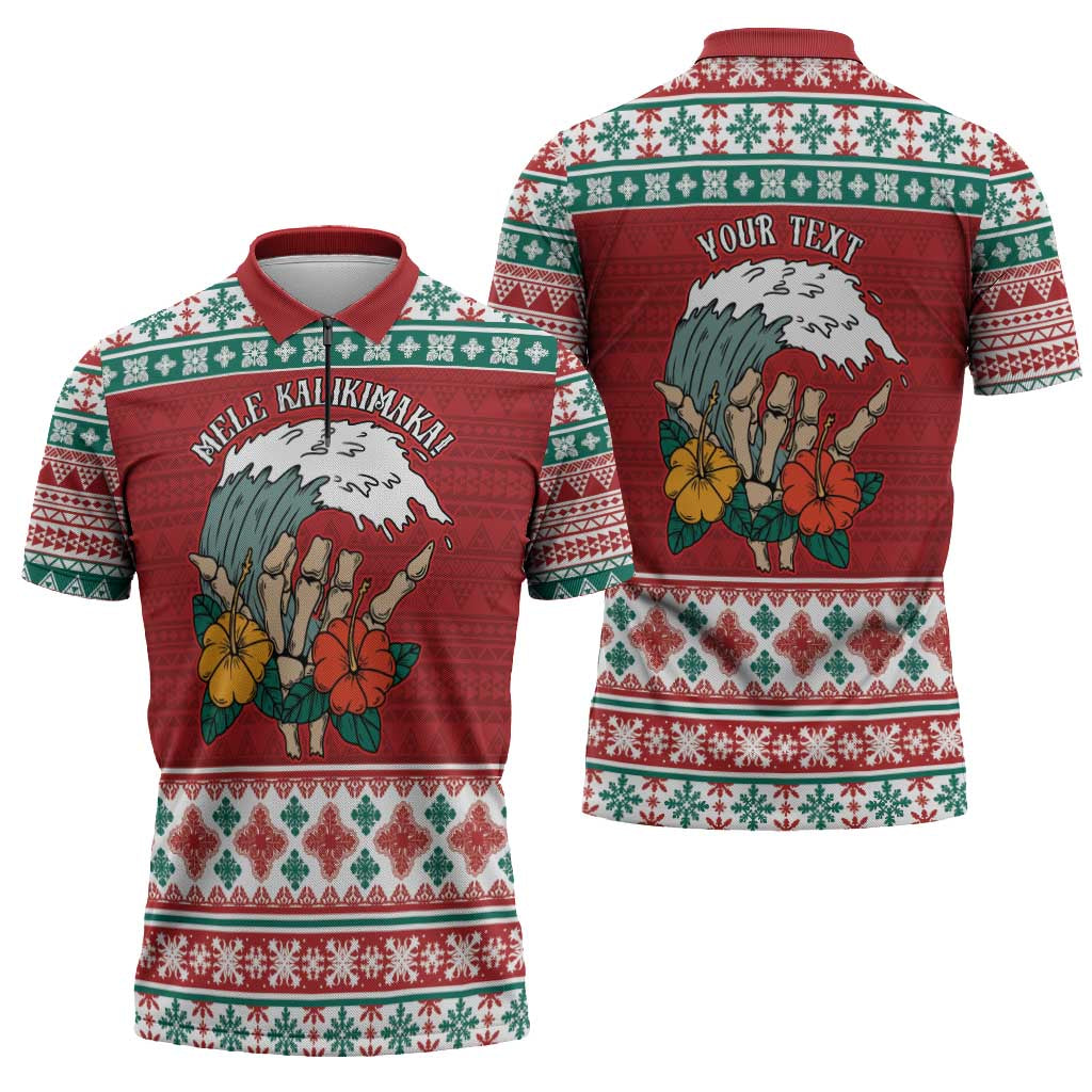 Shaka Sign Skull Mele Kalikimaka Personalized Zipper Polo Shirt Hawaiian Quilt Pattern - Polynesian Pride