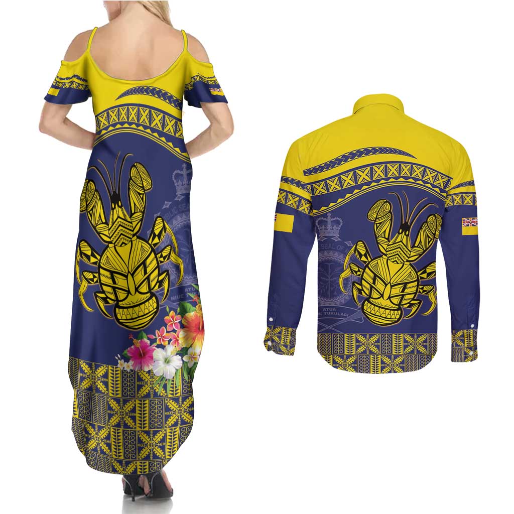 Niue Coconut Crab Couples Matching Summer Maxi Dress and Long Sleeve Button Shirt Rock of Polynesia