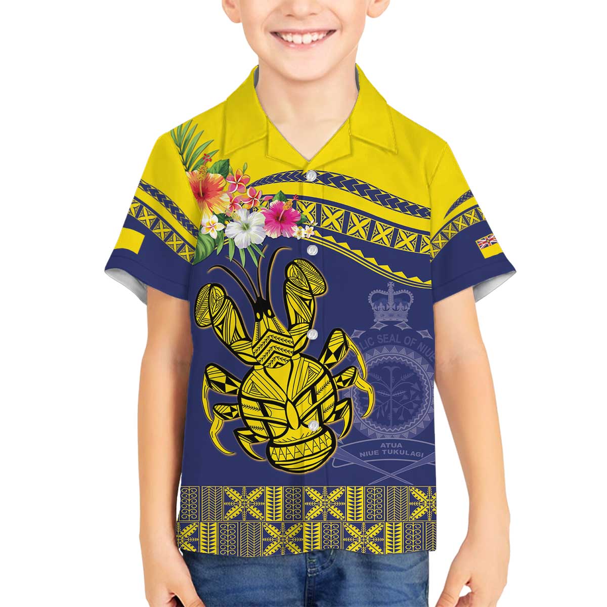 Niue Coconut Crab Family Matching Off The Shoulder Long Sleeve Dress and Hawaiian Shirt Rock of Polynesia