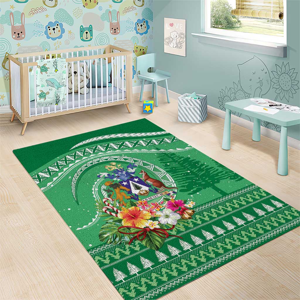 Norfolk Island Pine Tree Christmas Area Rug Coat of Arm and Polynesian Pattern