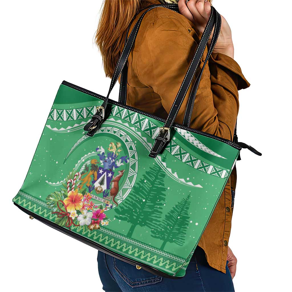 Norfolk Island Pine Tree Christmas Leather Tote Bag Coat of Arm and Polynesian Pattern