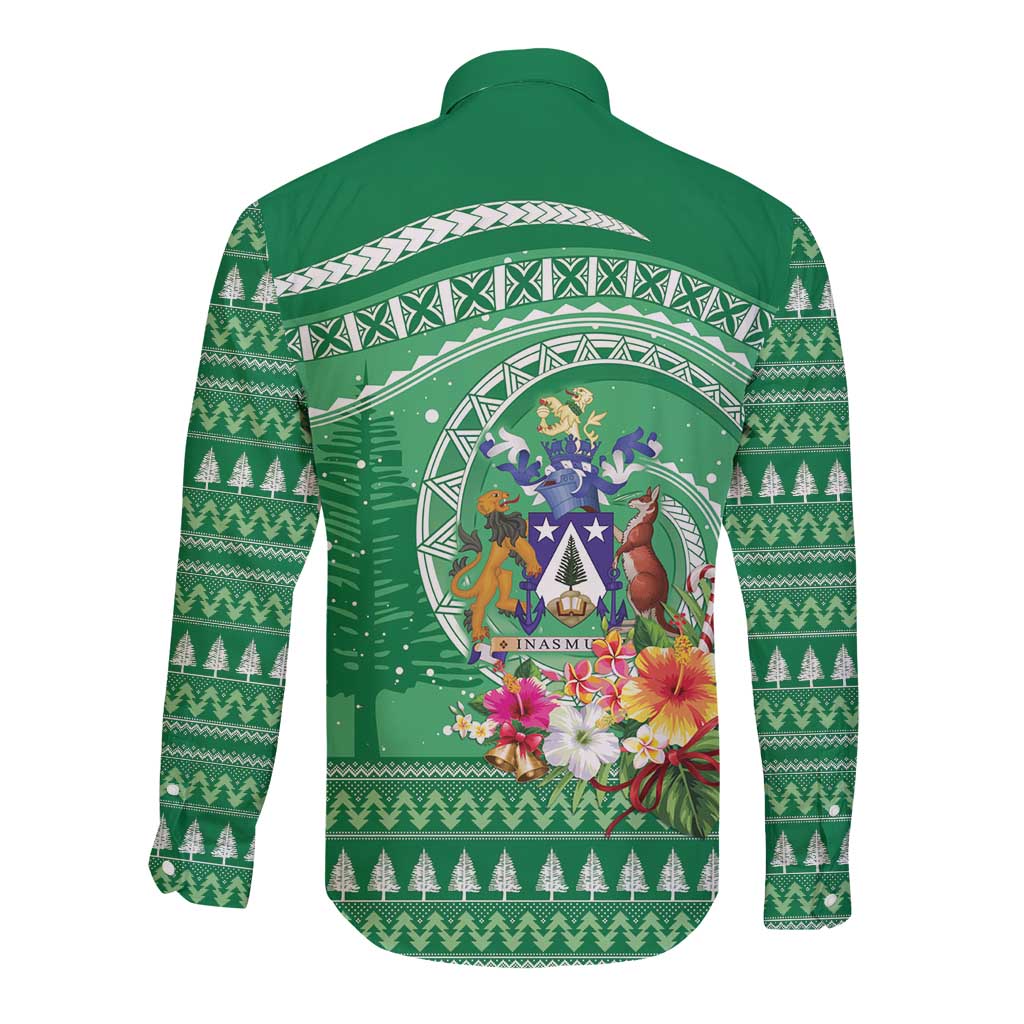 Norfolk Island Pine Tree Christmas Long Sleeve Button Shirt Coat of Arm and Polynesian Pattern