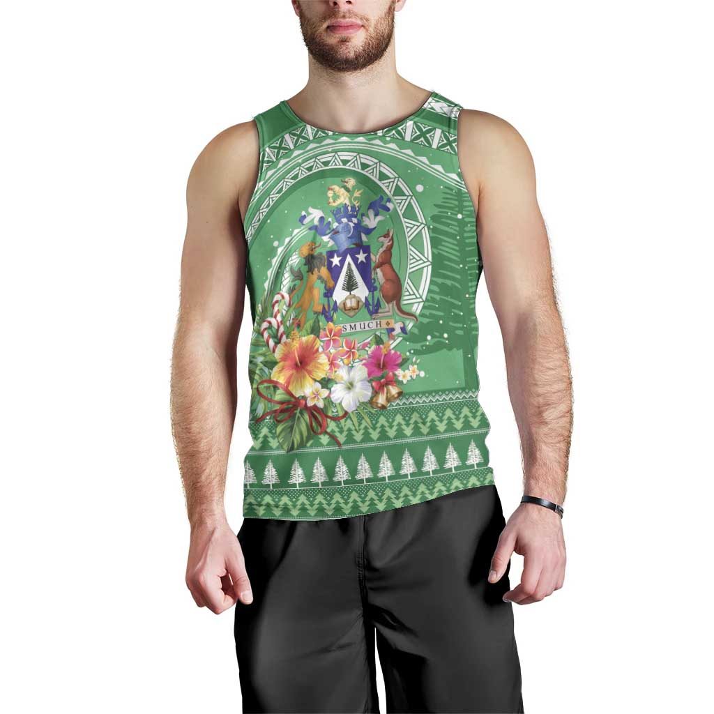 Norfolk Island Pine Tree Christmas Men Tank Top Coat of Arm and Polynesian Pattern