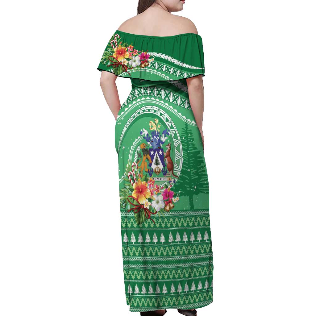 Norfolk Island Pine Tree Christmas Off Shoulder Maxi Dress Coat of Arm and Polynesian Pattern