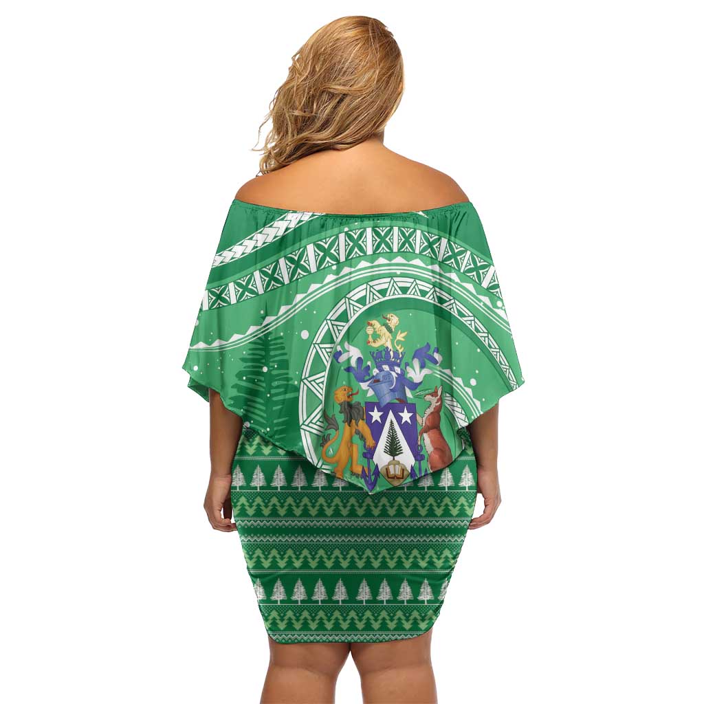 Norfolk Island Pine Tree Christmas Off Shoulder Short Dress Coat of Arm and Polynesian Pattern