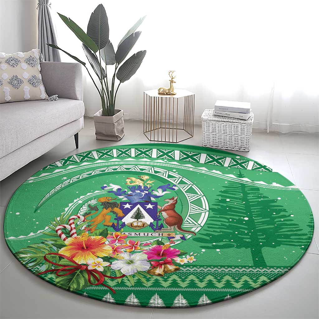 Norfolk Island Pine Tree Christmas Round Carpet Coat of Arm and Polynesian Pattern