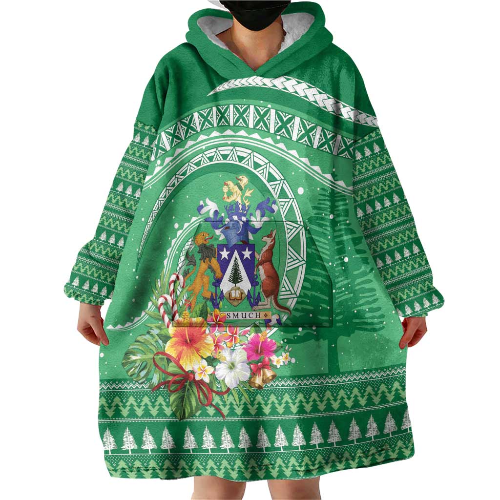 Norfolk Island Pine Tree Christmas Wearable Blanket Hoodie Coat of Arm and Polynesian Pattern