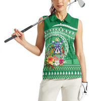 Norfolk Island Pine Tree Christmas Women Sleeveless Polo Shirt Coat of Arm and Polynesian Pattern