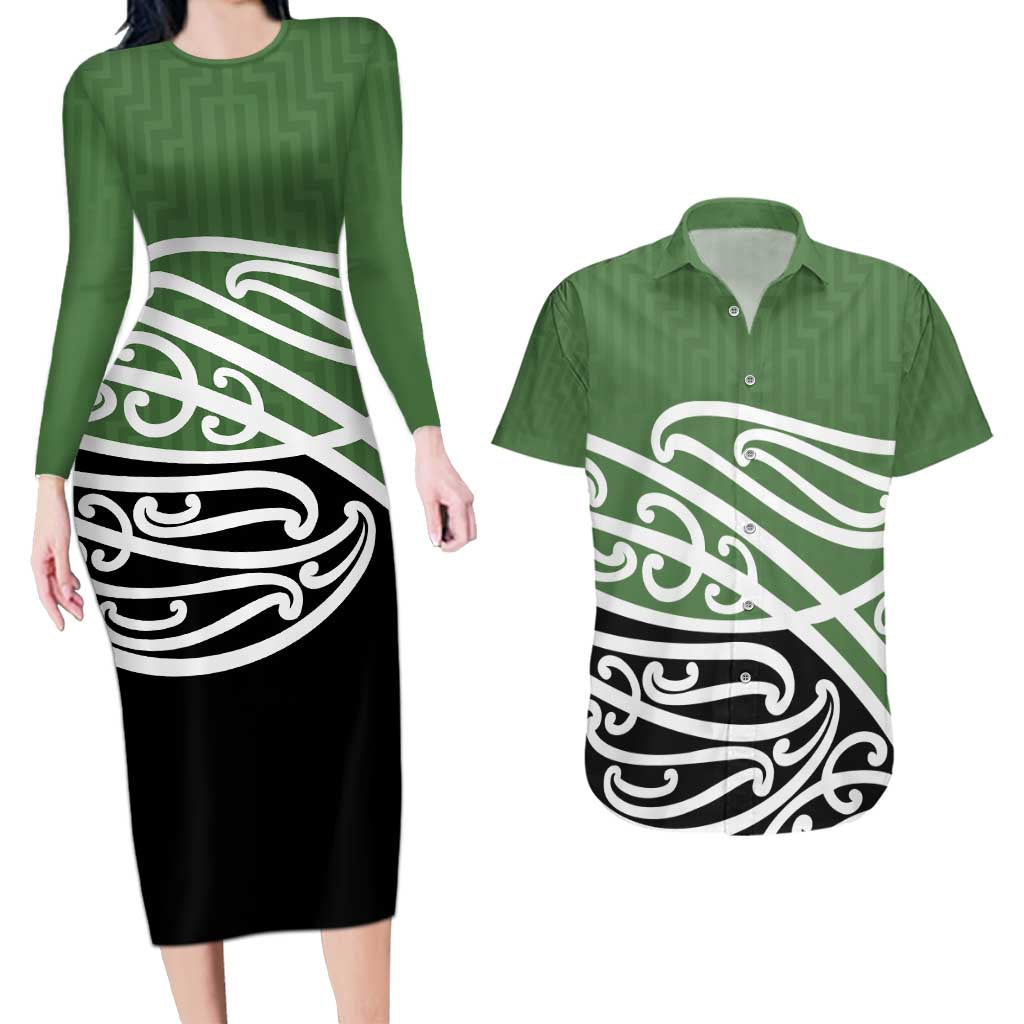 Green Fern New Zealand Kowhai Ngutukak Couples Matching Long Sleeve Bodycon Dress and Hawaiian Shirt - Polynesian Pride