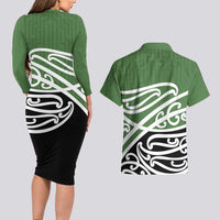 Green Fern New Zealand Kowhai Ngutukak Couples Matching Long Sleeve Bodycon Dress and Hawaiian Shirt - Polynesian Pride