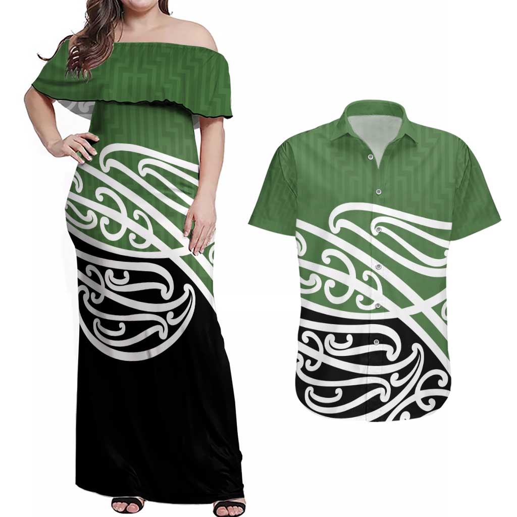 Green Fern New Zealand Kowhai Ngutukak Couples Matching Off Shoulder Maxi Dress and Hawaiian Shirt - Polynesian Pride