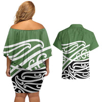 Green Fern New Zealand Kowhai Ngutukak Couples Matching Off Shoulder Short Dress and Hawaiian Shirt - Polynesian Pride