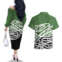 Green Fern New Zealand Kowhai Ngutukak Couples Matching Off The Shoulder Long Sleeve Dress and Hawaiian Shirt - Polynesian Pride