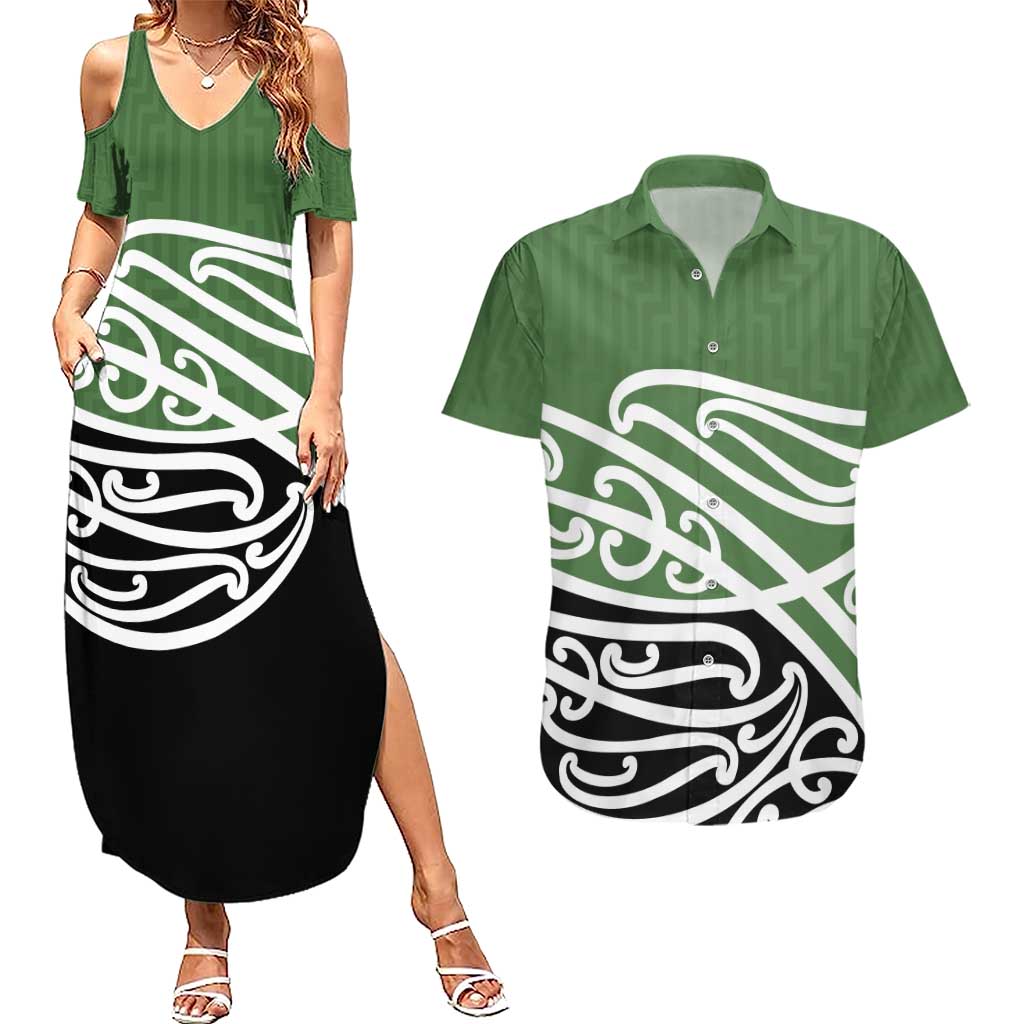 Green Fern New Zealand Kowhai Ngutukak Couples Matching Summer Maxi Dress and Hawaiian Shirt - Polynesian Pride