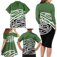 Green Fern New Zealand Kowhai Ngutukak Family Matching Long Sleeve Bodycon Dress and Hawaiian Shirt - Polynesian Pride
