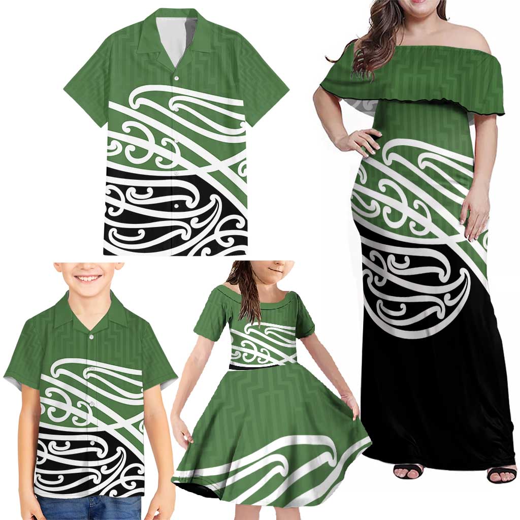 Green Fern New Zealand Kowhai Ngutukak Family Matching Off Shoulder Maxi Dress and Hawaiian Shirt - Polynesian Pride