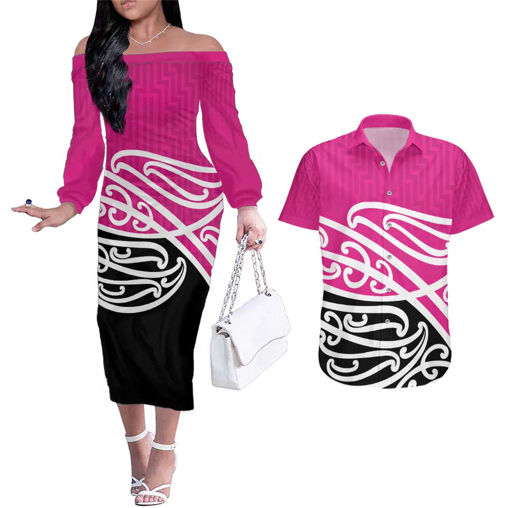 All Pink New Zealand Kowhai Ngutukak Couples Matching Off The Shoulder Long Sleeve Dress and Hawaiian Shirt - Polynesian Pride