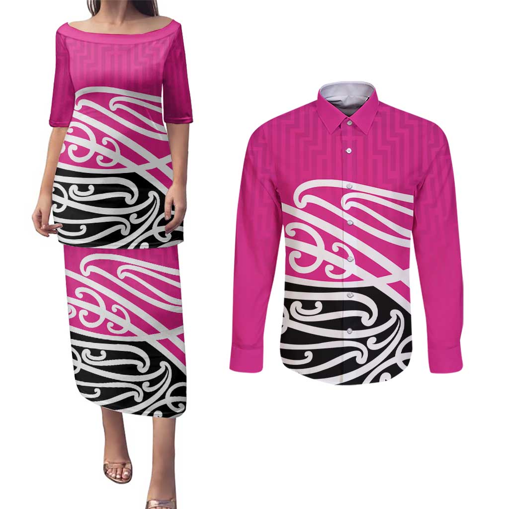 All Pink New Zealand Kowhai Ngutukak Couples Matching Puletasi and Long Sleeve Button Shirt LT9 Pink - Polynesian Pride
