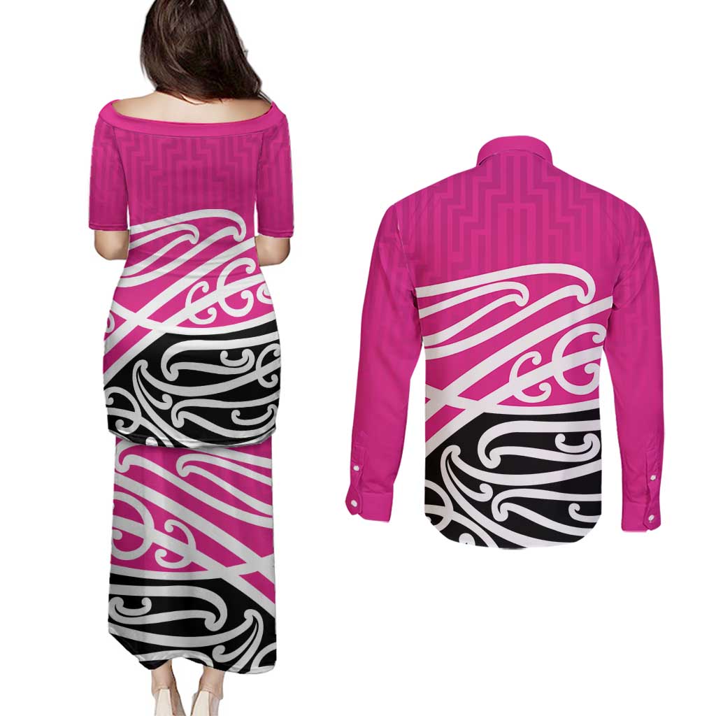 All Pink New Zealand Kowhai Ngutukak Couples Matching Puletasi and Long Sleeve Button Shirt LT9 - Polynesian Pride