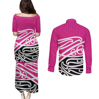 All Pink New Zealand Kowhai Ngutukak Couples Matching Puletasi and Long Sleeve Button Shirt LT9 - Polynesian Pride