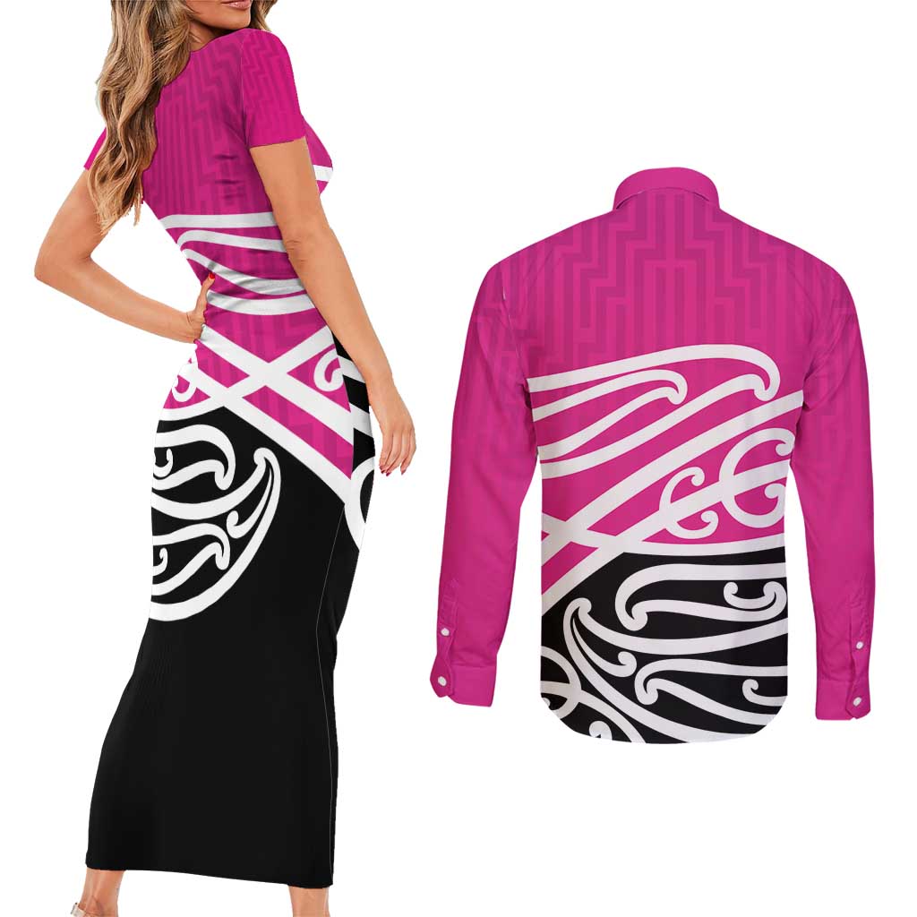 All Pink New Zealand Kowhai Ngutukak Couples Matching Short Sleeve Bodycon Dress and Long Sleeve Button Shirt - Polynesian Pride