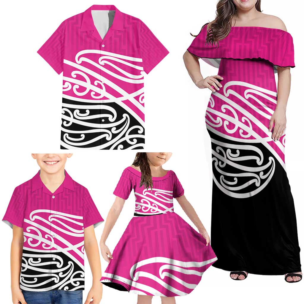 All Pink New Zealand Kowhai Ngutukak Family Matching Off Shoulder Maxi Dress and Hawaiian Shirt - Polynesian Pride