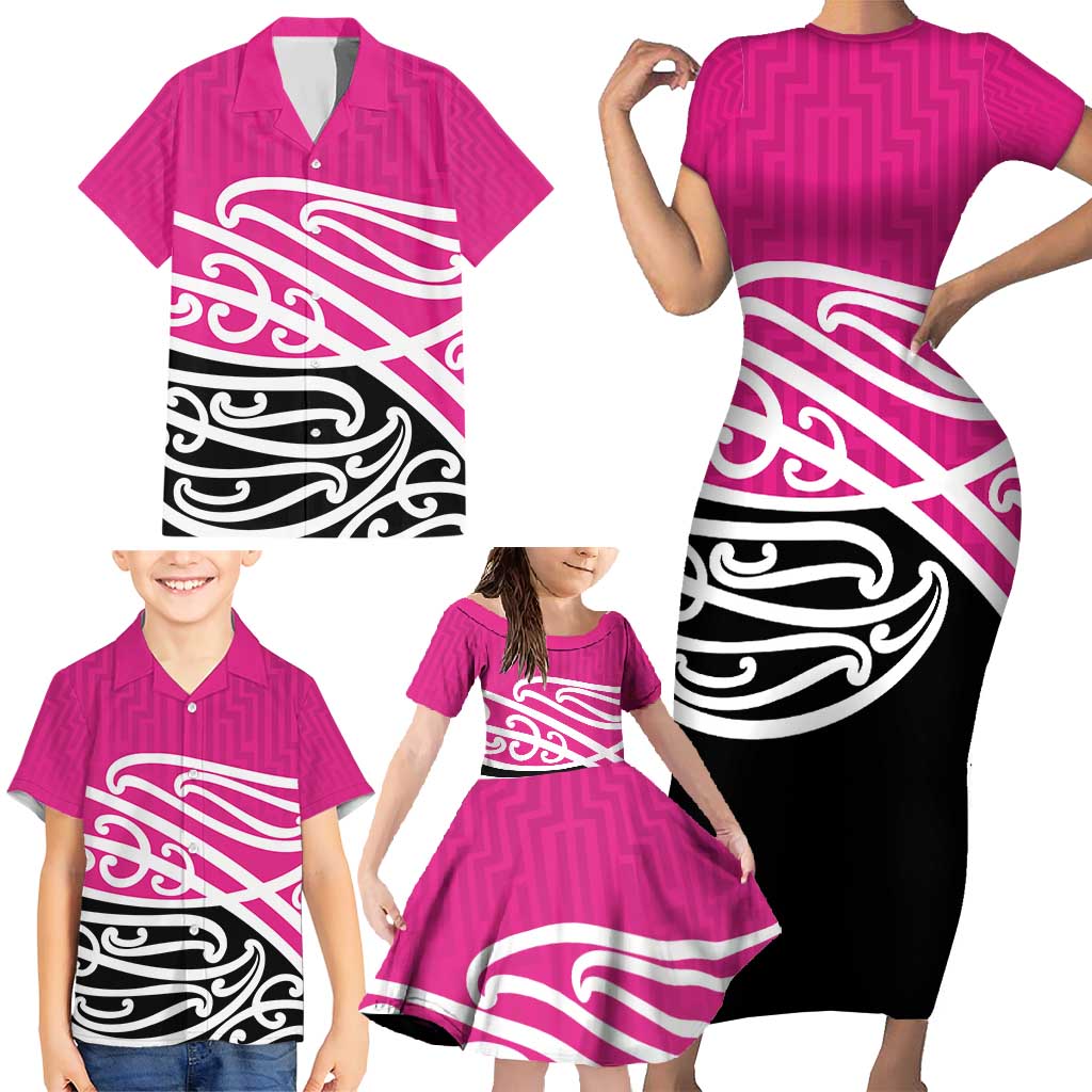 All Pink New Zealand Kowhai Ngutukak Family Matching Short Sleeve Bodycon Dress and Hawaiian Shirt - Polynesian Pride