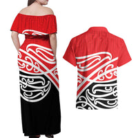 All Red New Zealand Kowhai Ngutukak Couples Matching Off Shoulder Maxi Dress and Hawaiian Shirt - Polynesian Pride