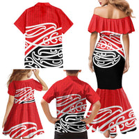 All Red New Zealand Kowhai Ngutukak Family Matching Mermaid Dress and Hawaiian Shirt - Polynesian Pride