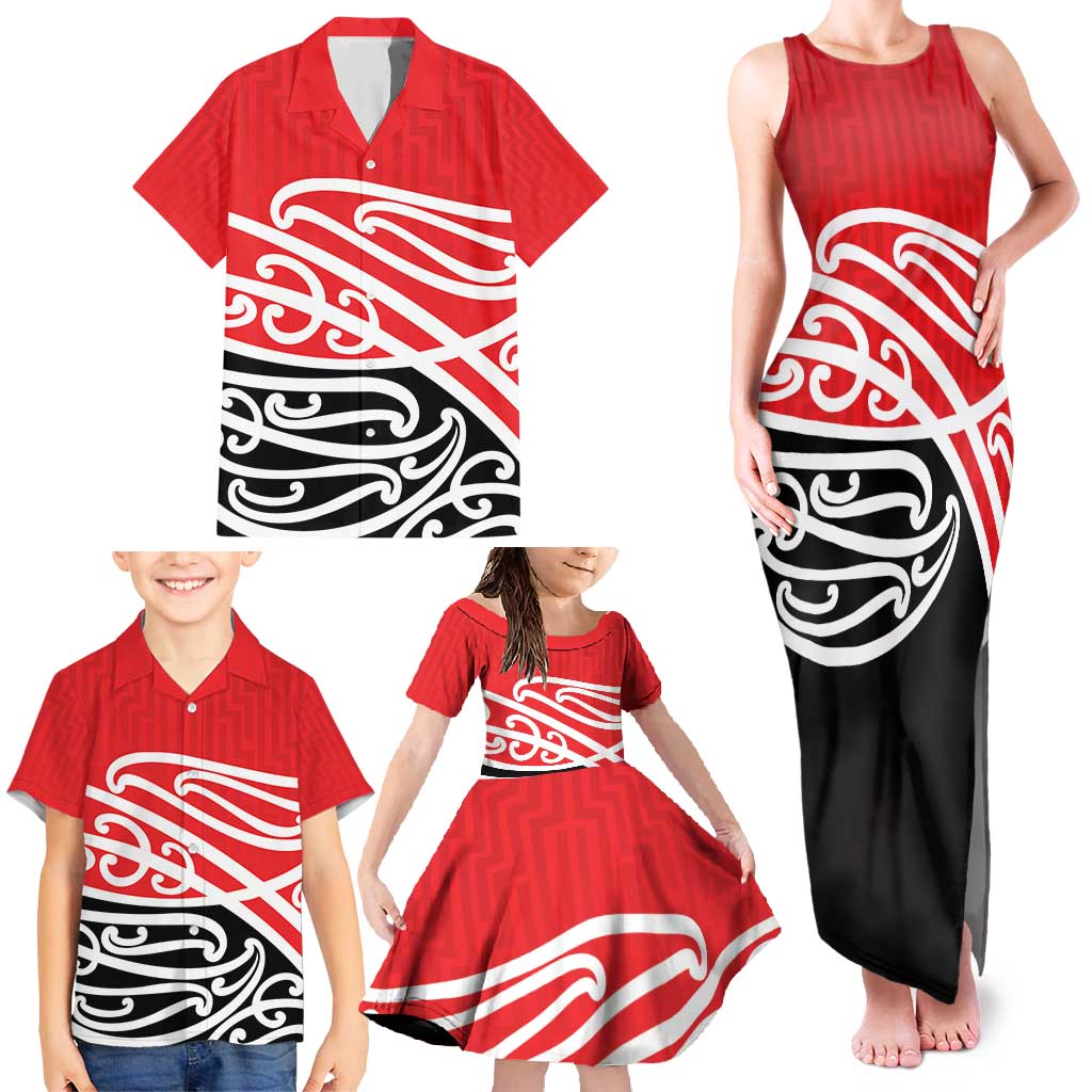 All Red New Zealand Kowhai Ngutukak Family Matching Tank Maxi Dress and Hawaiian Shirt - Polynesian Pride