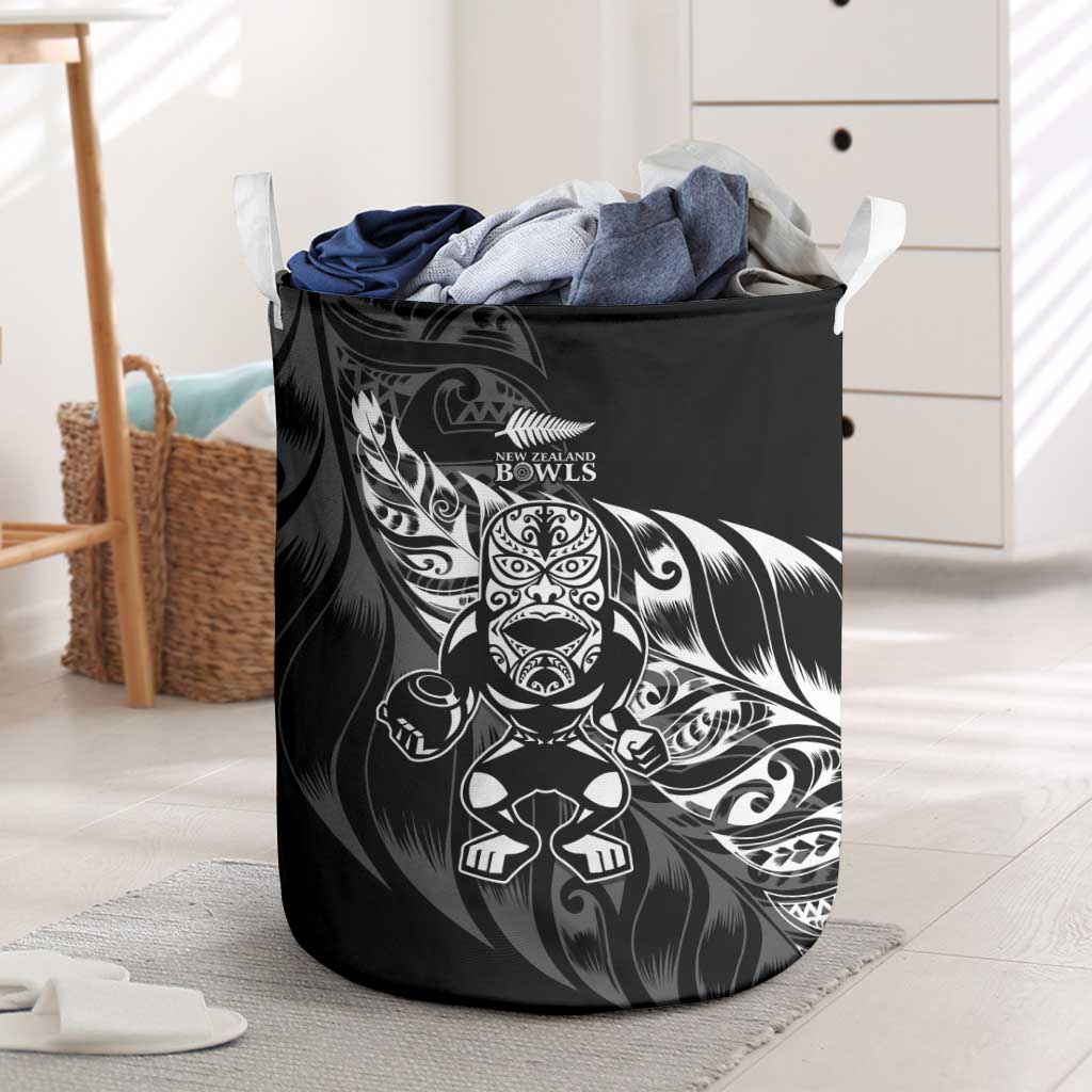 New Zealand Lawn Bowls Laundry Basket Black Maori Warrior Tribal Silver Fern - Polynesian Pride