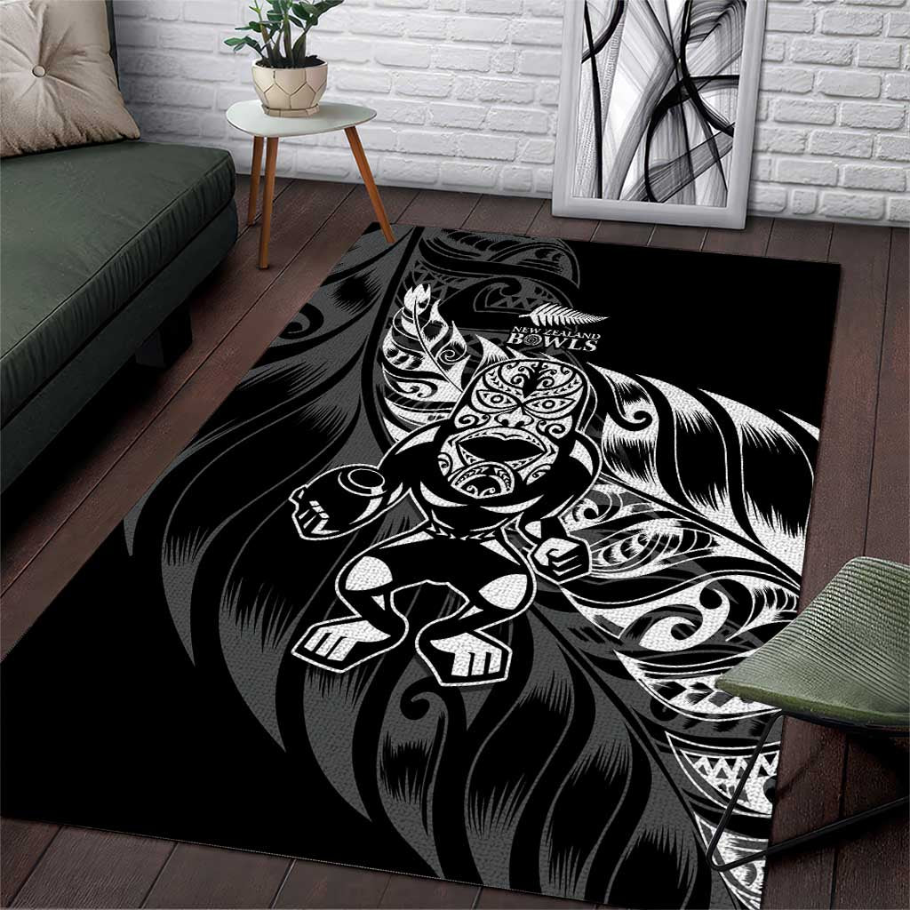 New Zealand Lawn Bowls Area Rug Black Maori Warrior Tribal Silver Fern - Polynesian Pride