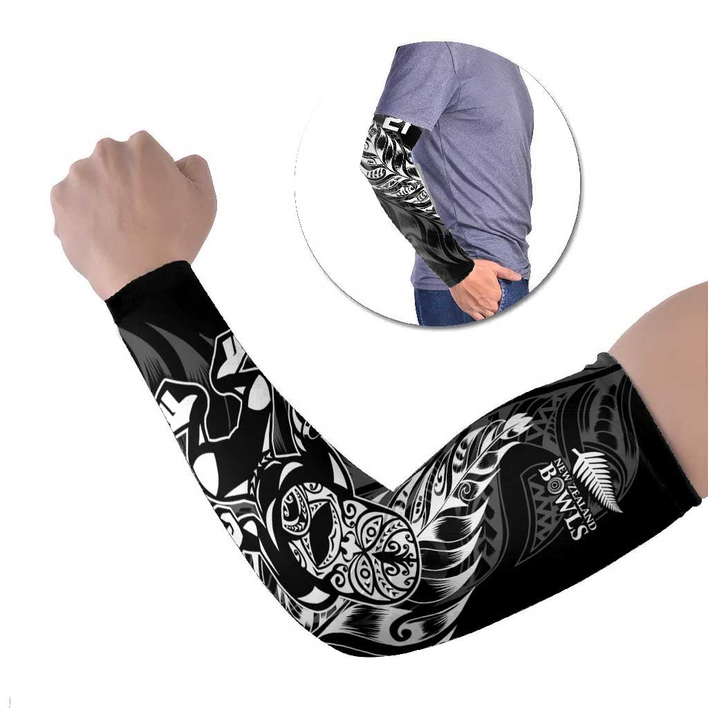 New Zealand Lawn Bowls Custom Arm Sleeves Black Maori Warrior Tribal Silver Fern - Polynesian Pride