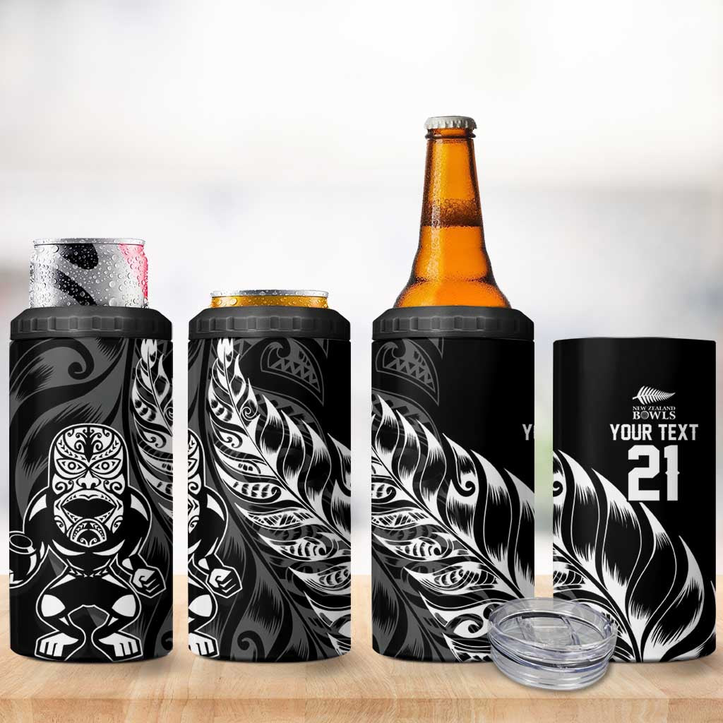 New Zealand Lawn Bowls Custom 4 in 1 Can Cooler Tumbler Black Maori Warrior Tribal Silver Fern - Polynesian Pride