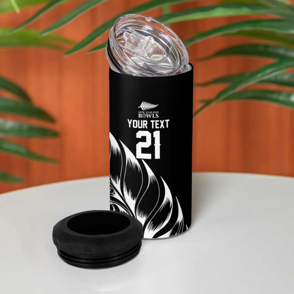 New Zealand Lawn Bowls Custom 4 in 1 Can Cooler Tumbler Black Maori Warrior Tribal Silver Fern - Polynesian Pride