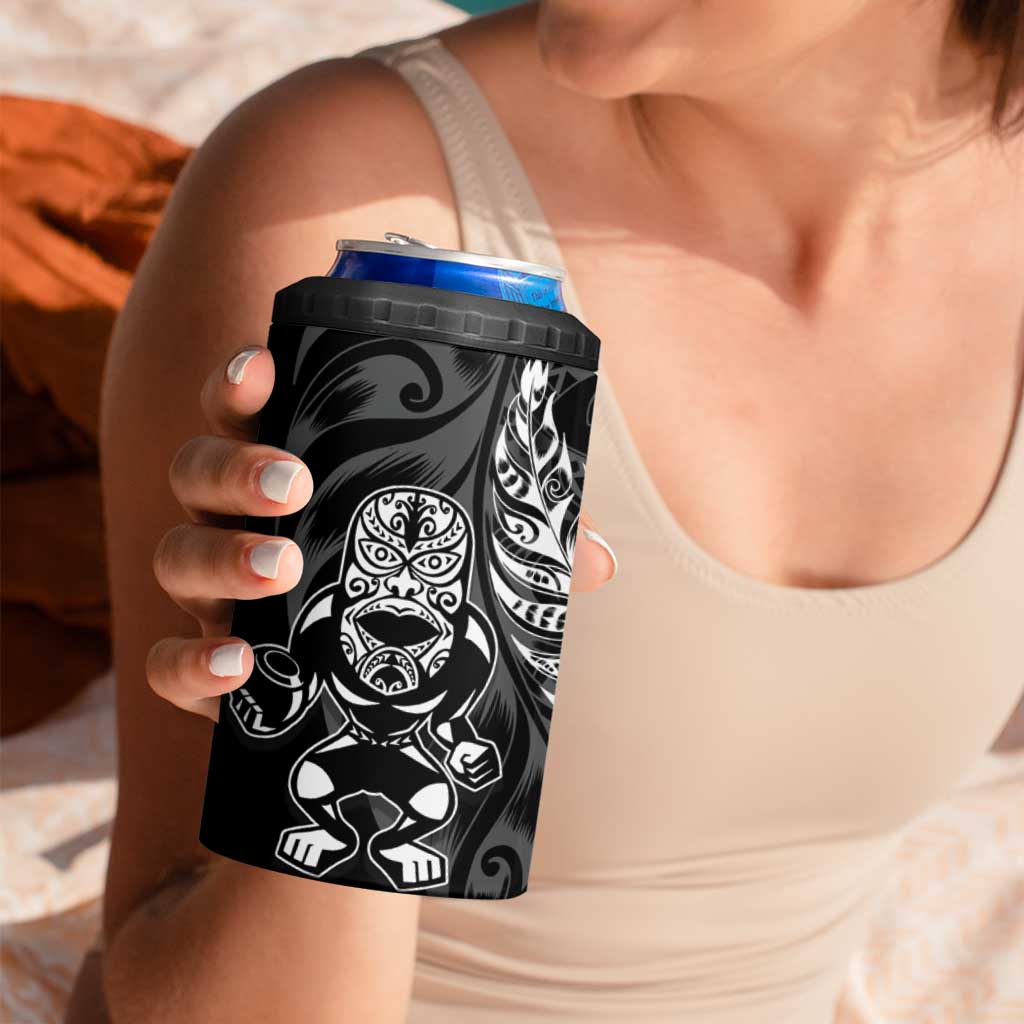 New Zealand Lawn Bowls Custom 4 in 1 Can Cooler Tumbler Black Maori Warrior Tribal Silver Fern - Polynesian Pride