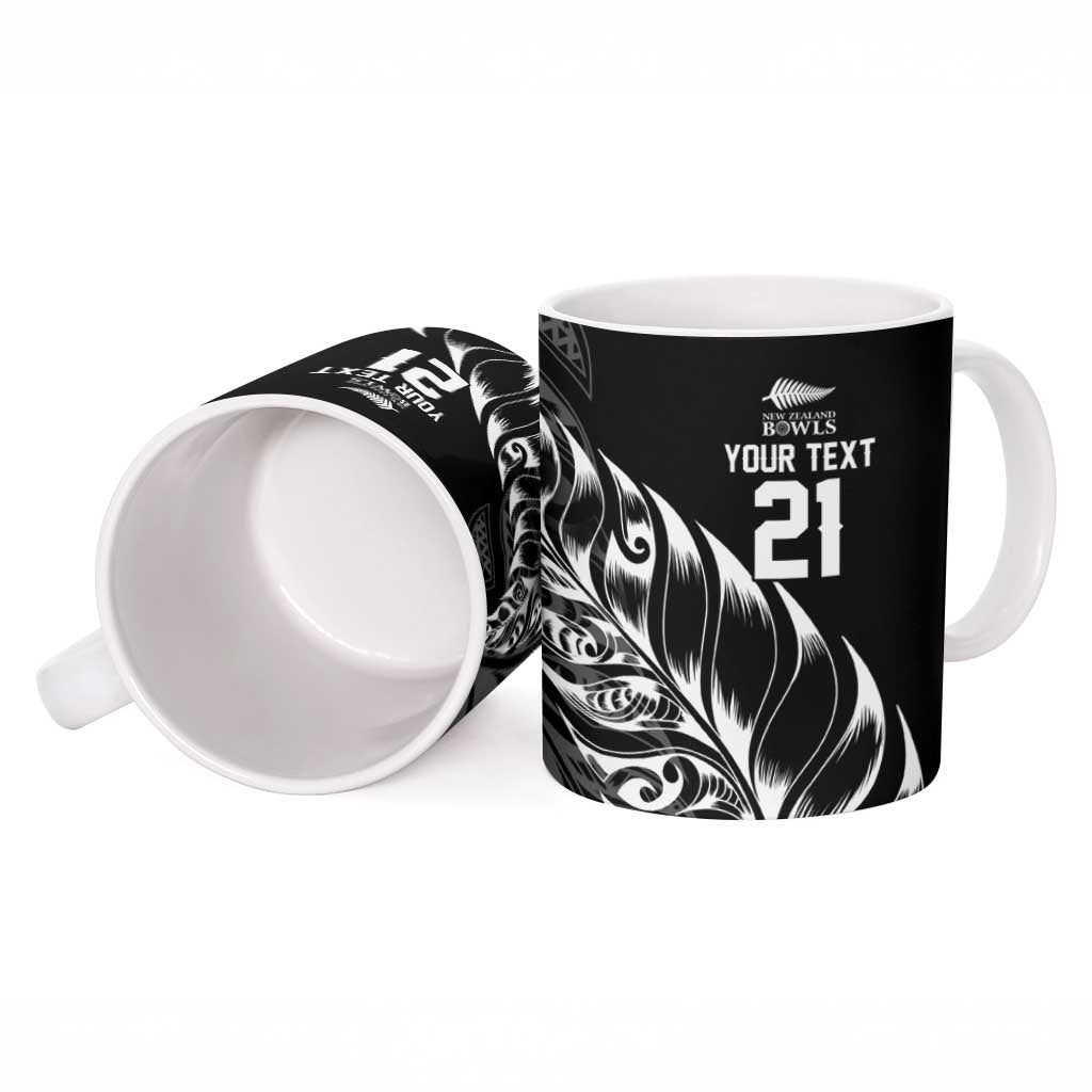New Zealand Lawn Bowls Custom Ceramic Mug Black Maori Warrior Tribal Silver Fern - Polynesian Pride
