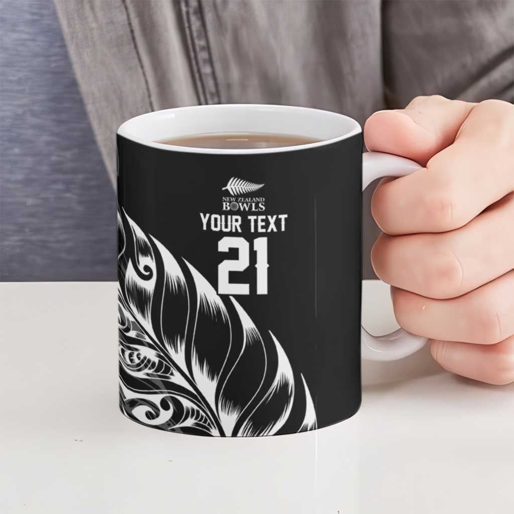 New Zealand Lawn Bowls Custom Ceramic Mug Black Maori Warrior Tribal Silver Fern - Polynesian Pride