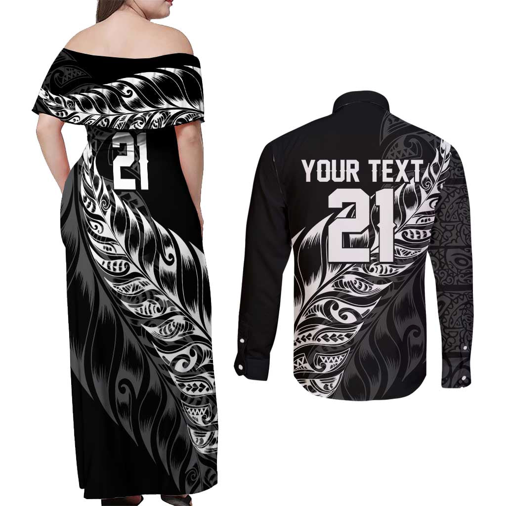 New Zealand Lawn Bowls Custom Couples Matching Off Shoulder Maxi Dress and Long Sleeve Button Shirt Black Maori Warrior Tribal Silver Fern - Polynesian Pride