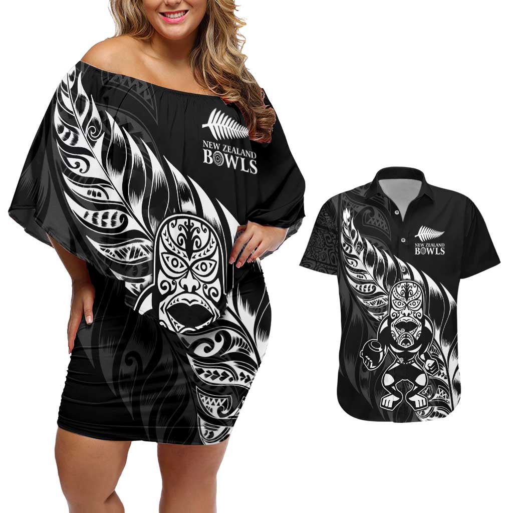 New Zealand Lawn Bowls Custom Couples Matching Off Shoulder Short Dress and Hawaiian Shirt Black Maori Warrior Tribal Silver Fern - Polynesian Pride