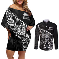 New Zealand Lawn Bowls Custom Couples Matching Off Shoulder Short Dress and Long Sleeve Button Shirt Black Maori Warrior Tribal Silver Fern - Polynesian Pride