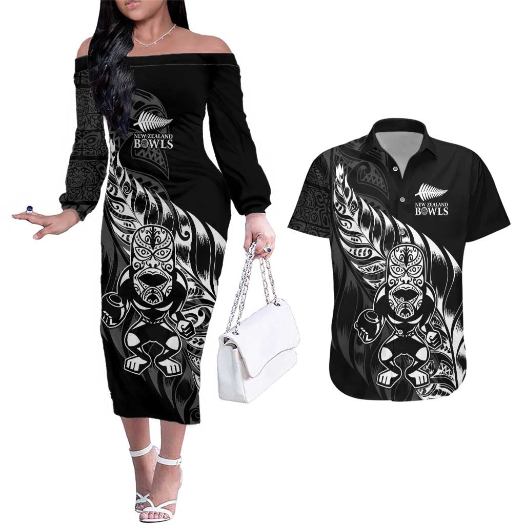 New Zealand Lawn Bowls Custom Couples Matching Off The Shoulder Long Sleeve Dress and Hawaiian Shirt Black Maori Warrior Tribal Silver Fern - Polynesian Pride