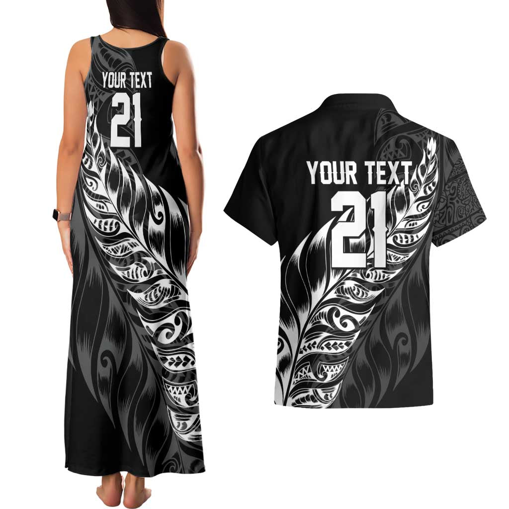 New Zealand Lawn Bowls Custom Couples Matching Tank Maxi Dress and Hawaiian Shirt Black Maori Warrior Tribal Silver Fern - Polynesian Pride