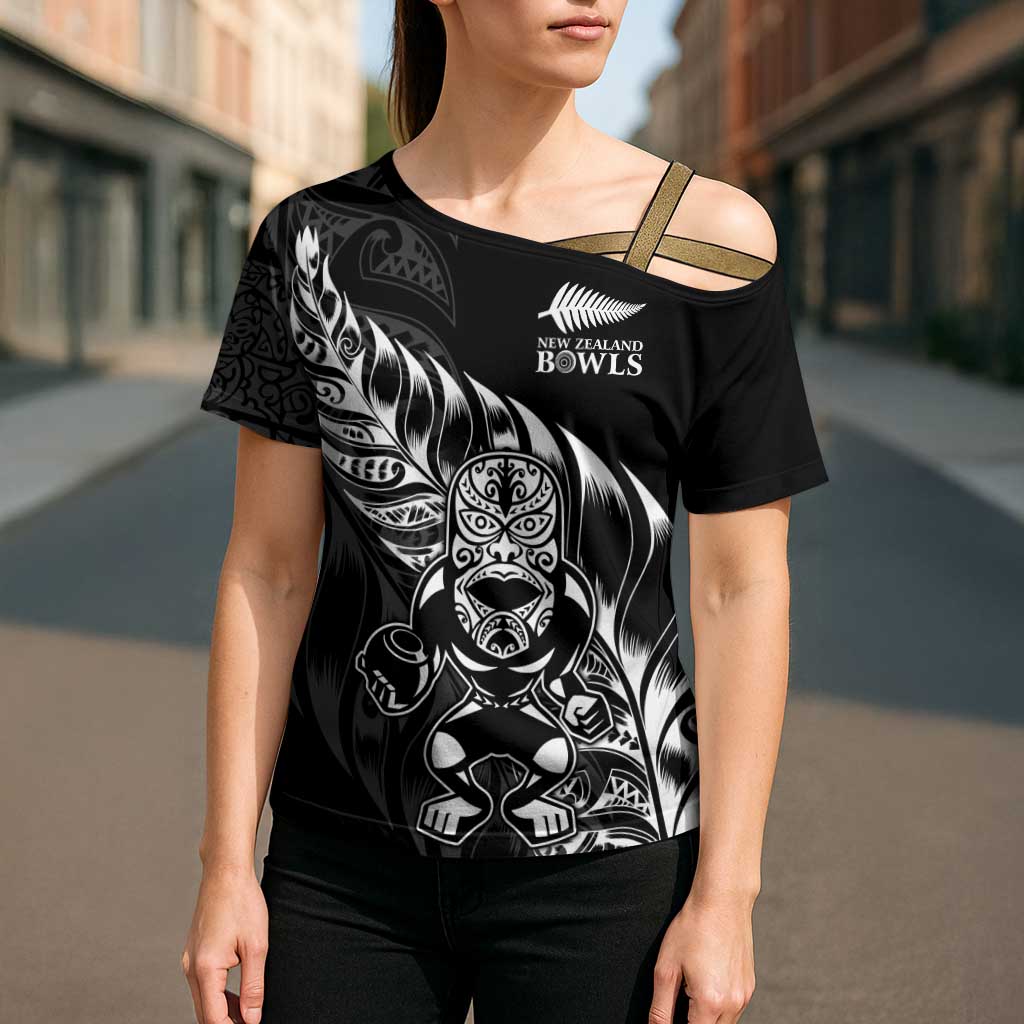 New Zealand Lawn Bowls Custom Cross Shoulder Shirt Black Maori Warrior Tribal Silver Fern - Polynesian Pride